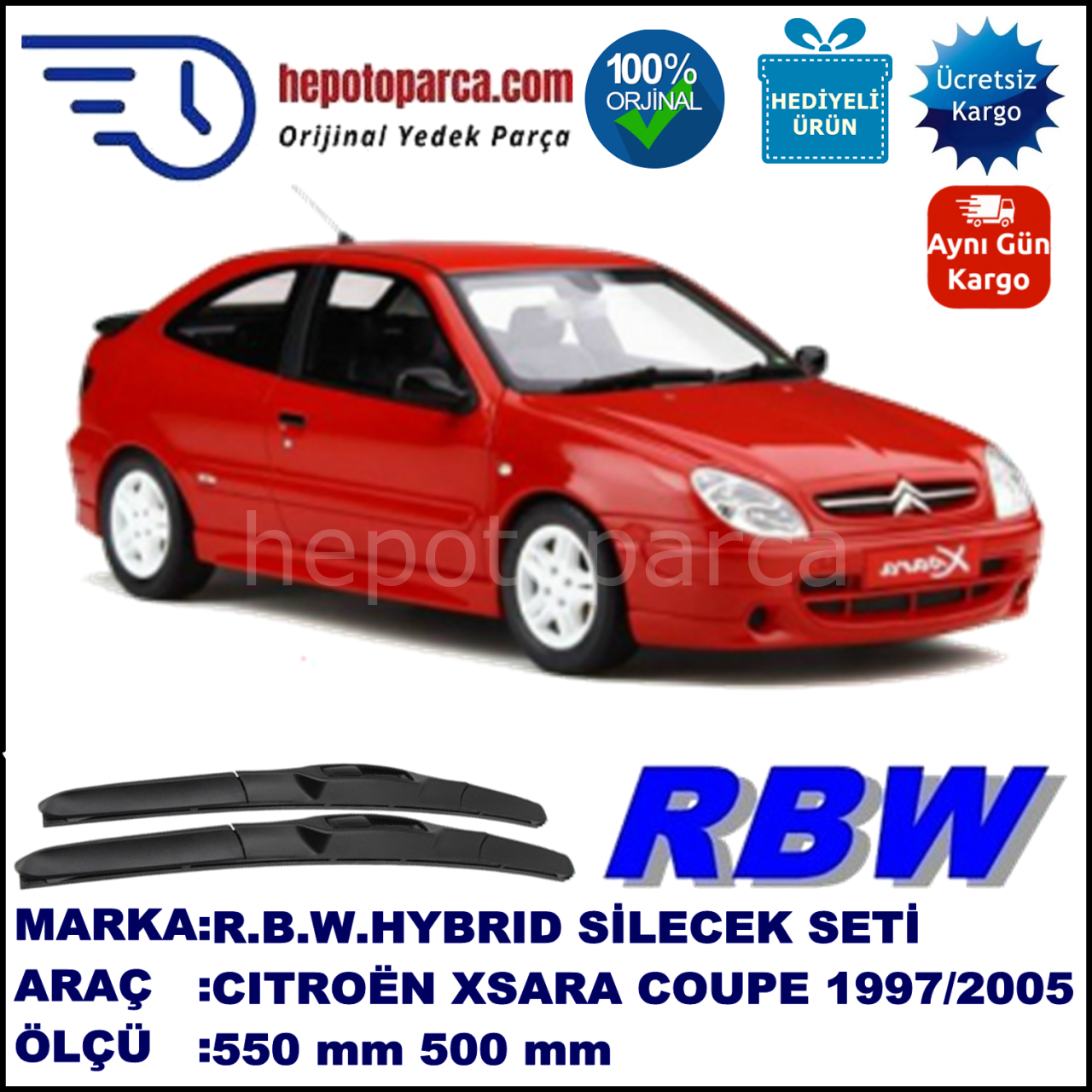 CITROEN Xsara Coupé [N6, N7] 07.97-12.05 550 / 500 mm. RBW Hybrid Silecek Seti. U Kanca Uyumlu Hibrit