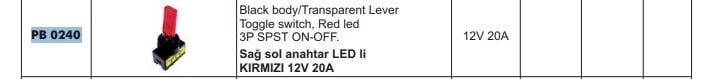 SAĞ SOL ANAHTAR LEDLİ KIRMIZI 12V 20A