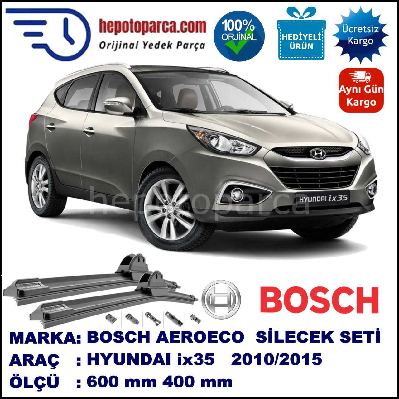 HYUNDAI ix35 [TM] 01.2010-..., 600 / 400 mm. BOSCH AEROECO Aparatlı Muz Silecek
