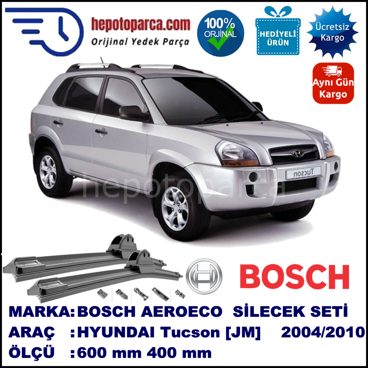 HYUNDAI Tucson [JM] 08.2004-03.2010, 600 / 400 mm. BOSCH AEROECO Aparatlı Muz Silecek