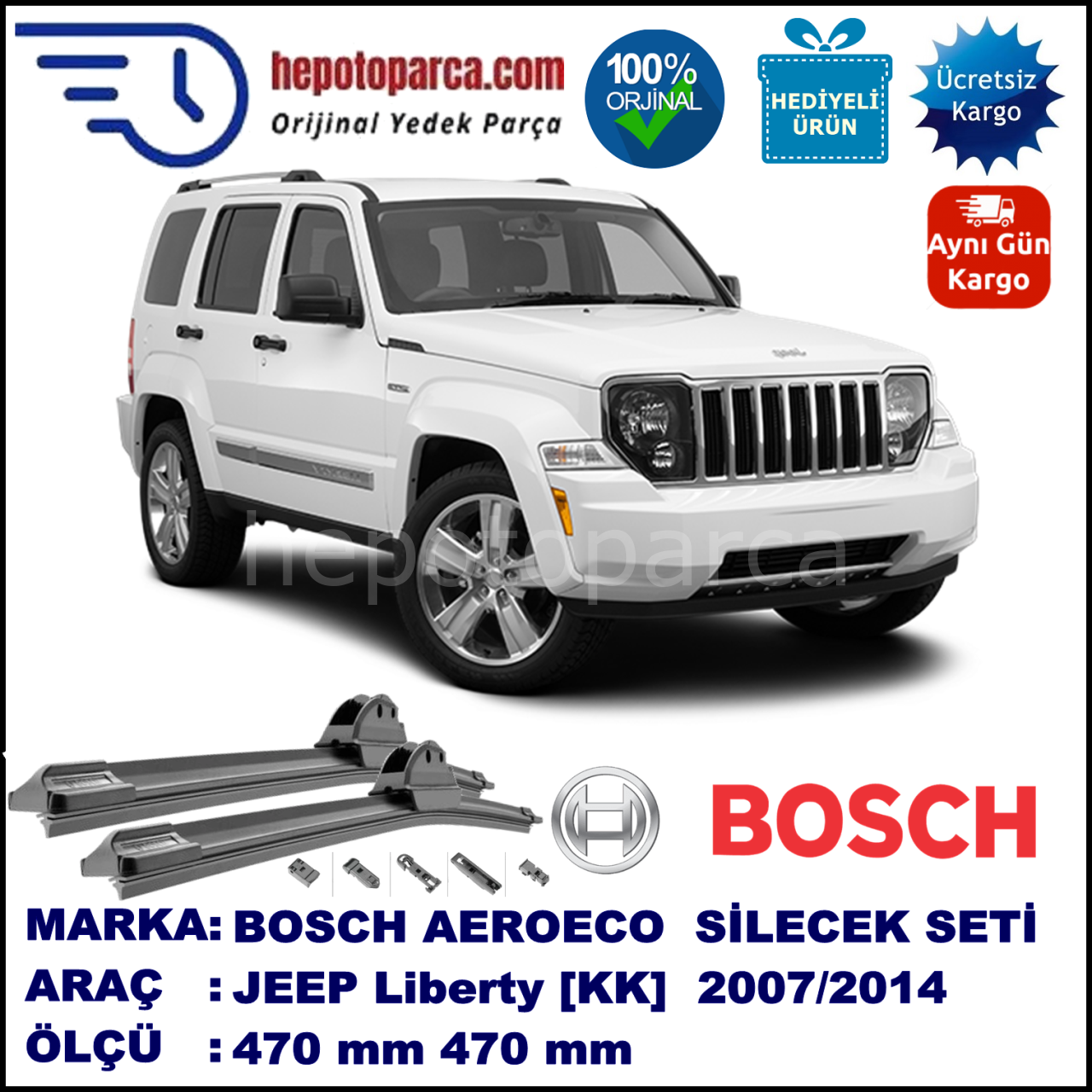 JEEP Liberty [KK] 09.2007-..., 470 / 470 mm. BOSCH AEROECO Aparatlı Muz Silecek