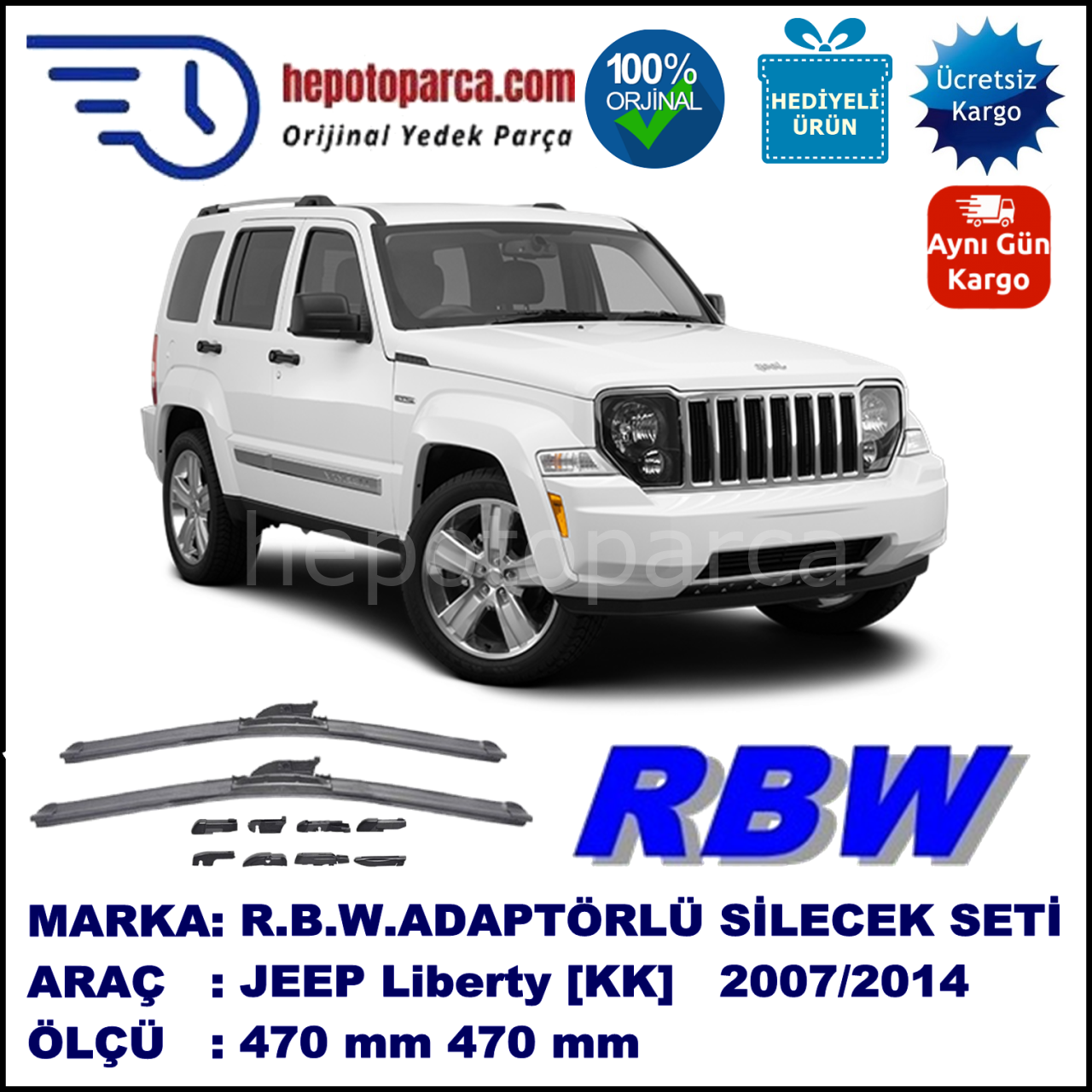 JEEP Liberty [KK] 09.2007-..., 470 / 470 mm.  RBW  ADAPTÖRLÜ MUZ SİLECEK SETİ