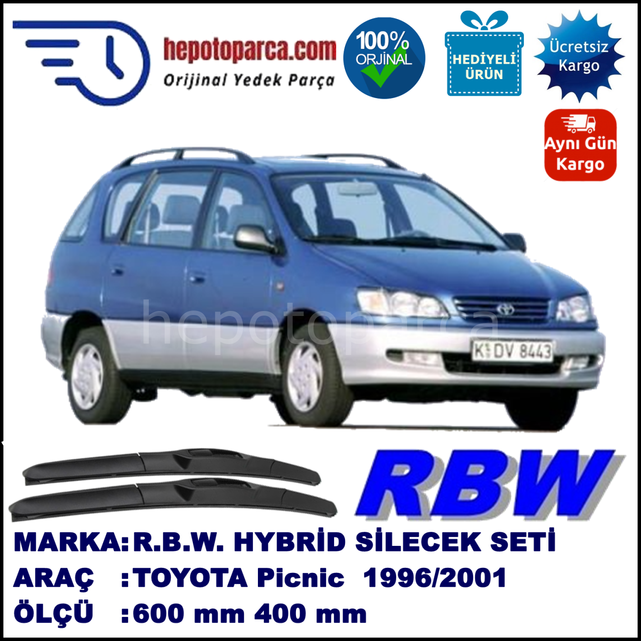 TOYOTA Picnic  09.96-05.01 600 / 400 mm. RBW Hybrid Silecek Seti. U Kanca Uyumlu Hibrit