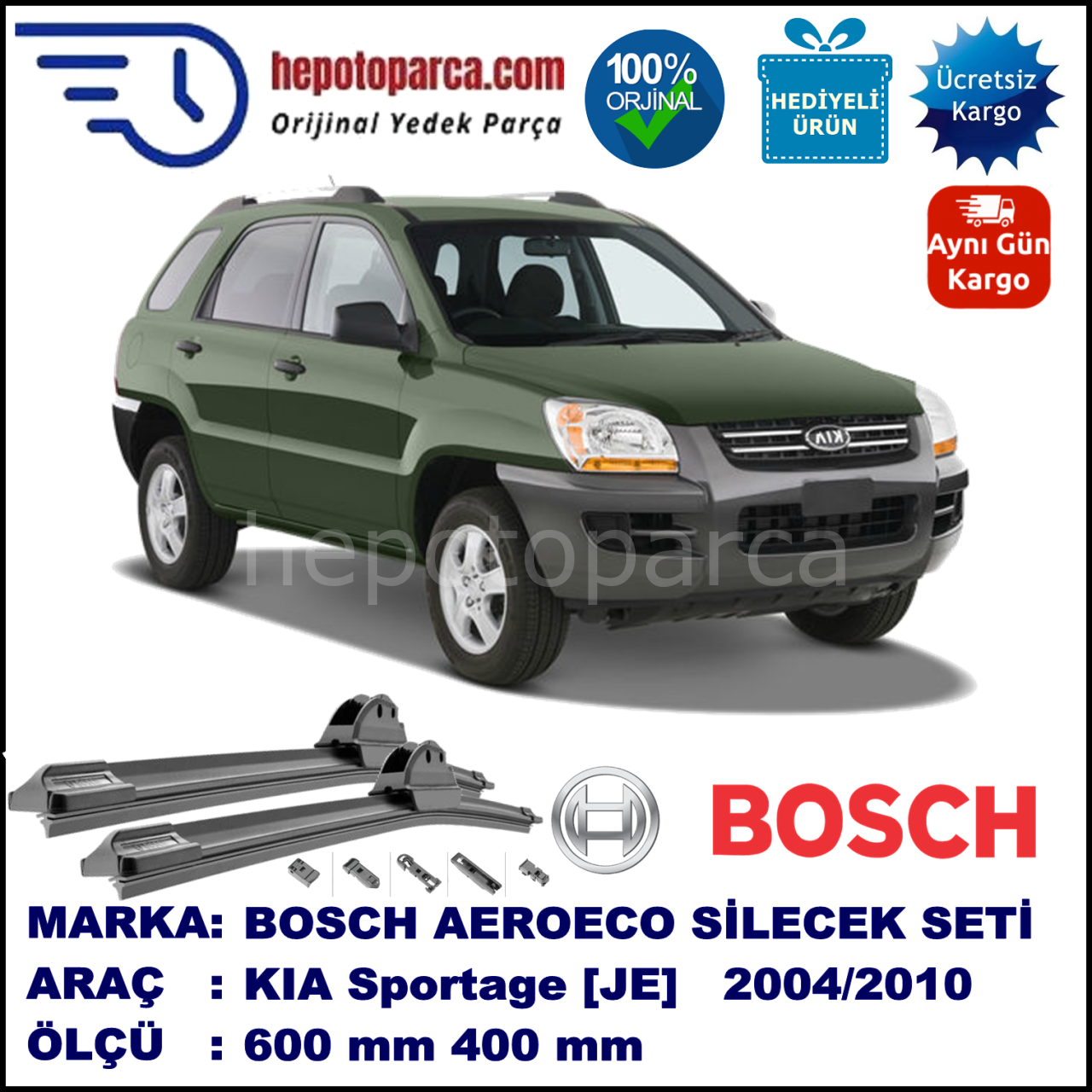 KIA Sportage [JE] 09.2004-05.2010, 600 / 400 mm. BOSCH AEROECO Aparatlı Muz Silecek