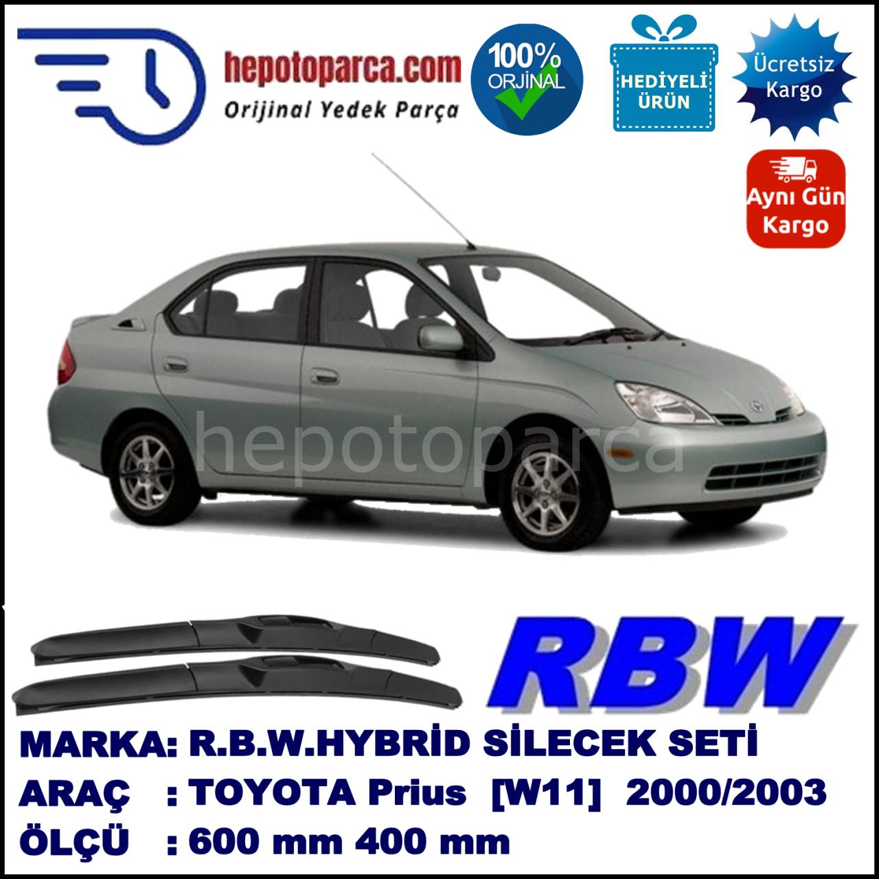 TOYOTA Prius [W11] 09.00-08.03 600 / 400 mm. RBW Hybrid Silecek Seti. U Kanca Uyumlu Hibrit