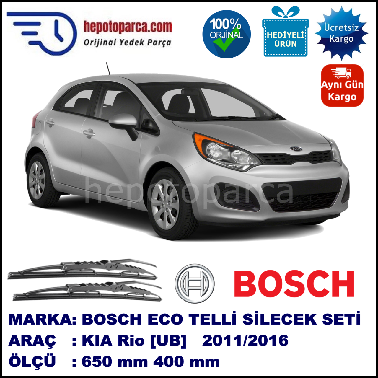 KIA Rio [UB] 11.11-... 650 / 400 mm. BOSCH ECO Telli Silecek 2'li Takım