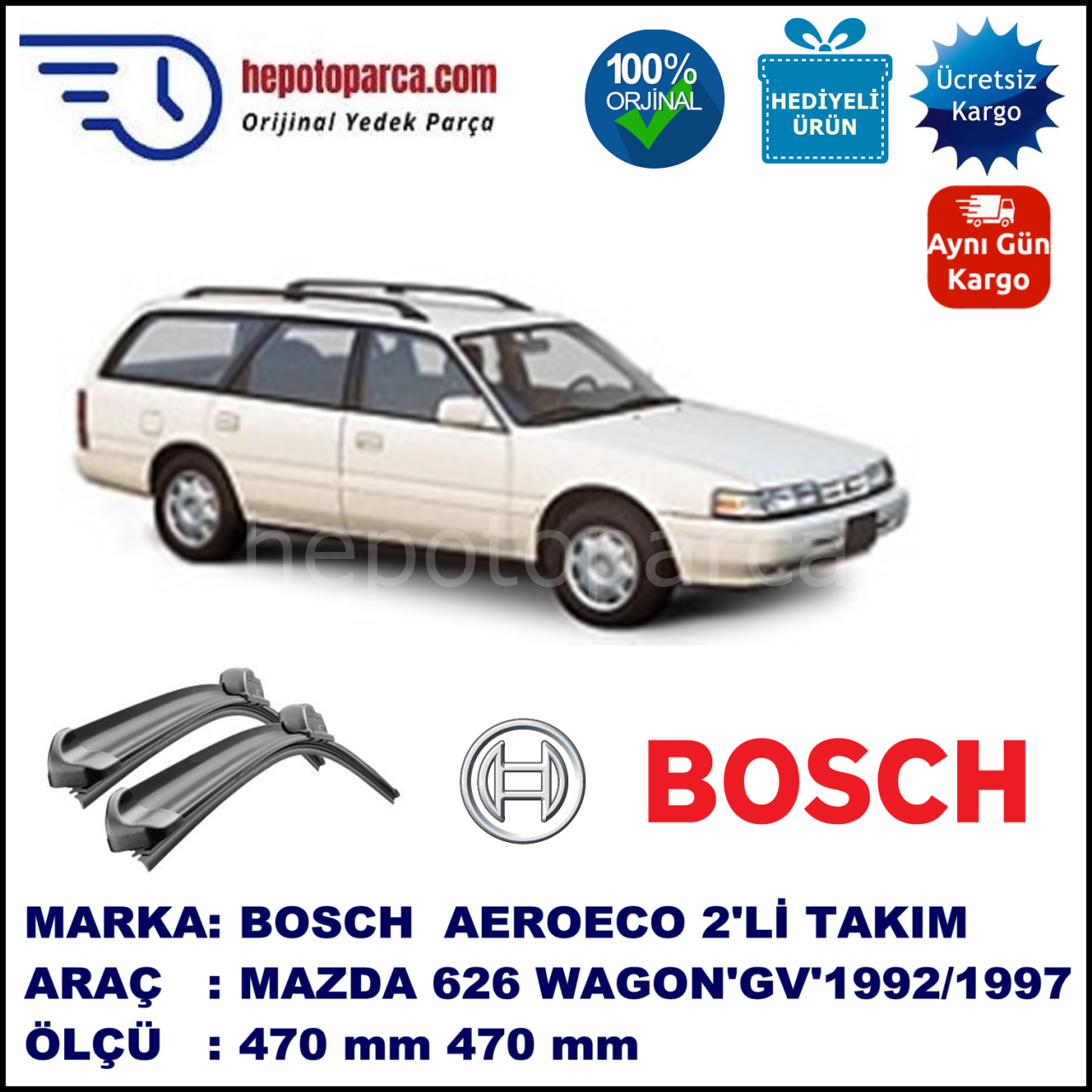 MAZDA 626 Wagon [GV] 03.1992-10.1997, 470 / 470 mm. BOSCH AEROECO Aparatlı Muz Silecek