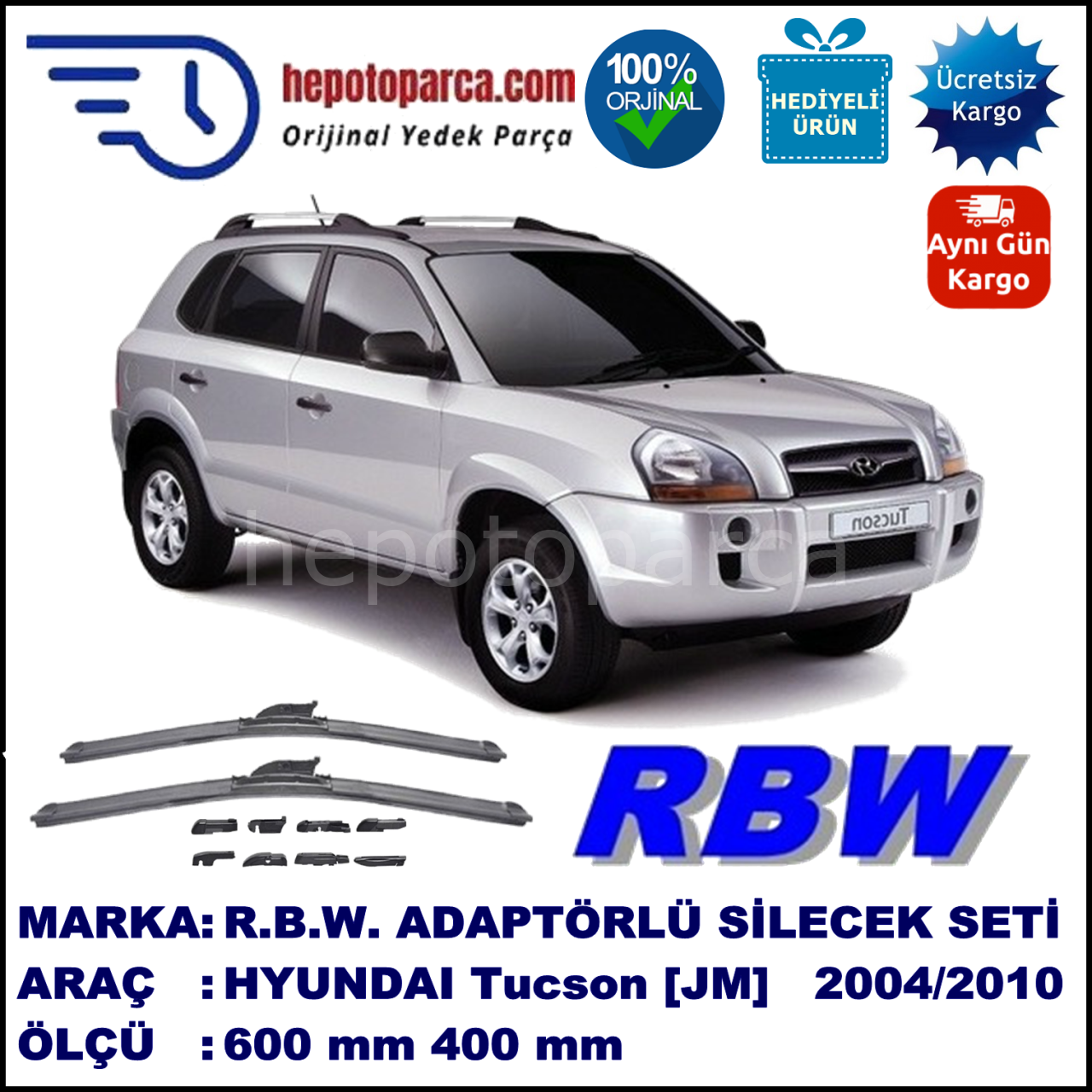HYUNDAI Tucson [JM] 08.2004-03.2010, 600 / 400 mm.  RBW  ADAPTÖRLÜ MUZ SİLECEK SETİ
