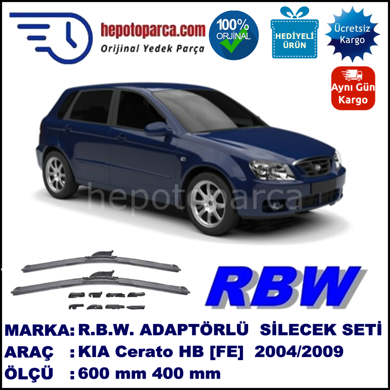 KIA Cerato Hatchback [FE] 03.2004-11.2009, 600 / 400 mm.  RBW  ADAPTÖRLÜ MUZ SİLECEK SETİ