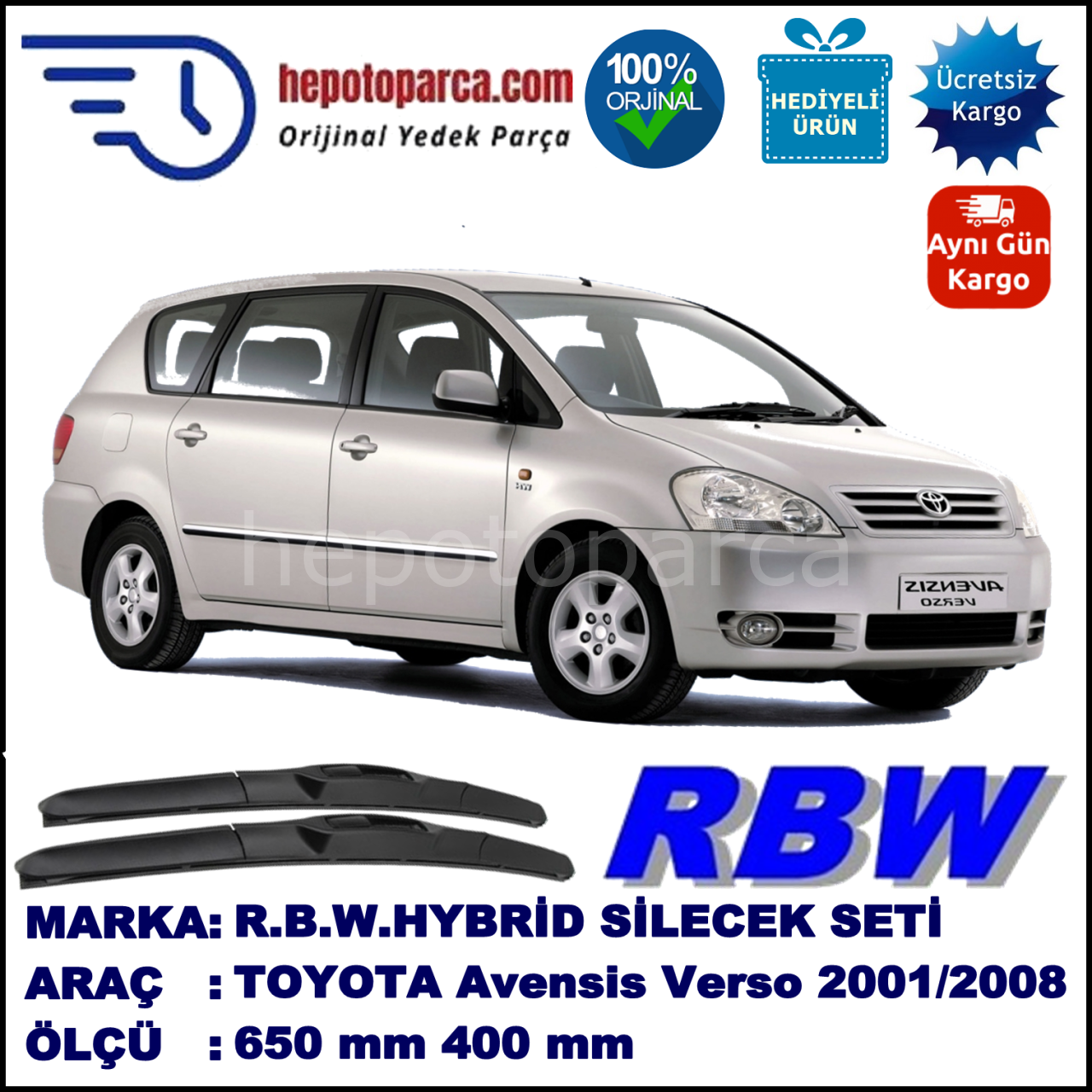 TOYOTA Avensis Verso [M2] 05.01-... 650 / 400 mm. RBW Hybrid Silecek Seti. U Kanca Uyumlu Hibrit