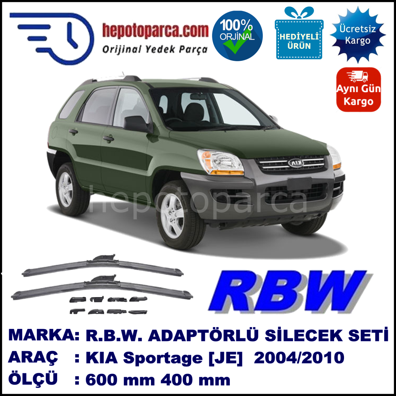 KIA Sportage [JE] 09.2004-05.2010, 600 / 400 mm.  RBW  ADAPTÖRLÜ MUZ SİLECEK SETİ