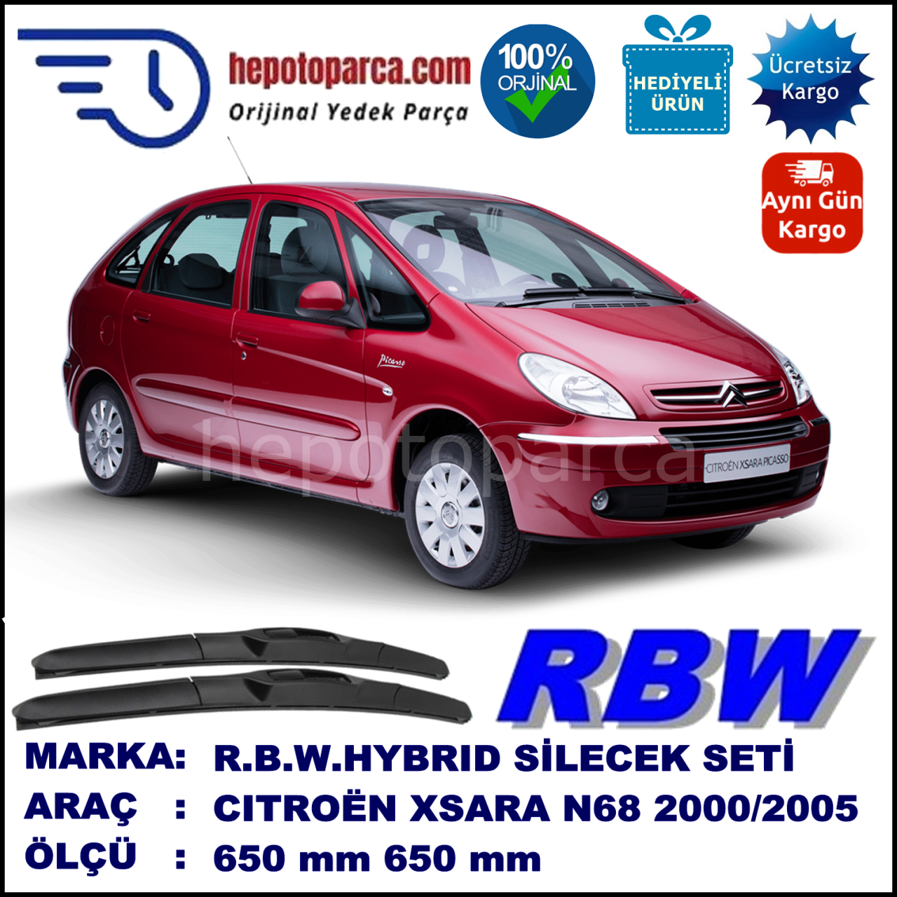 CITROEN Xsara Picasso [N68] 01.00-09.05 650 / 650 mm. RBW Hybrid Silecek Seti. U Kanca Uyumlu Hibrit