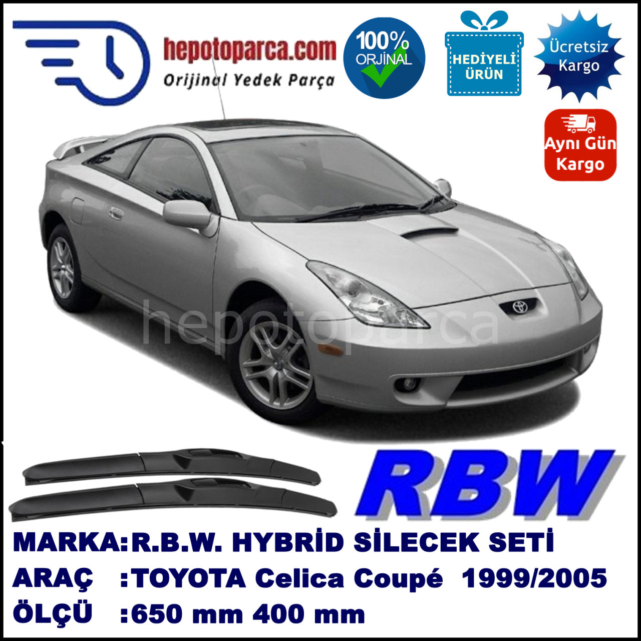 TOYOTA Celica Coupé [T23] 08.99-09.05 650 / 400 mm. RBW Hybrid Silecek Seti. U Kanca Uyumlu Hibrit