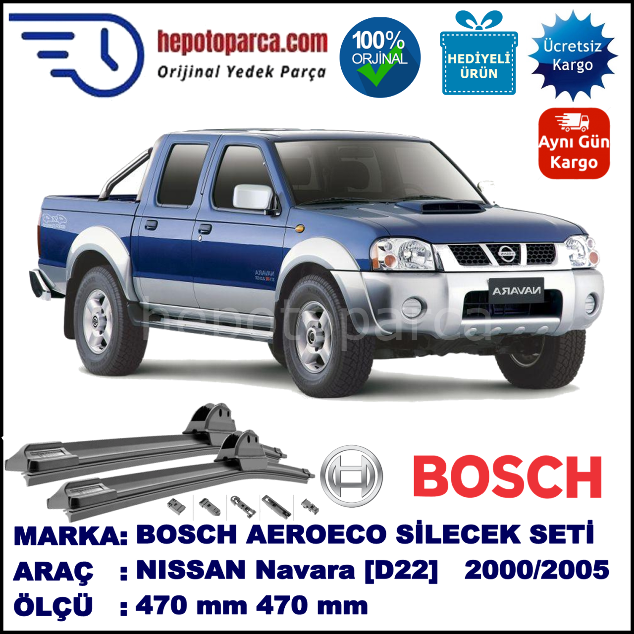 NISSAN Navara [D22] 06.2000-..., 470 / 470 mm. BOSCH AEROECO Aparatlı Muz Silecek