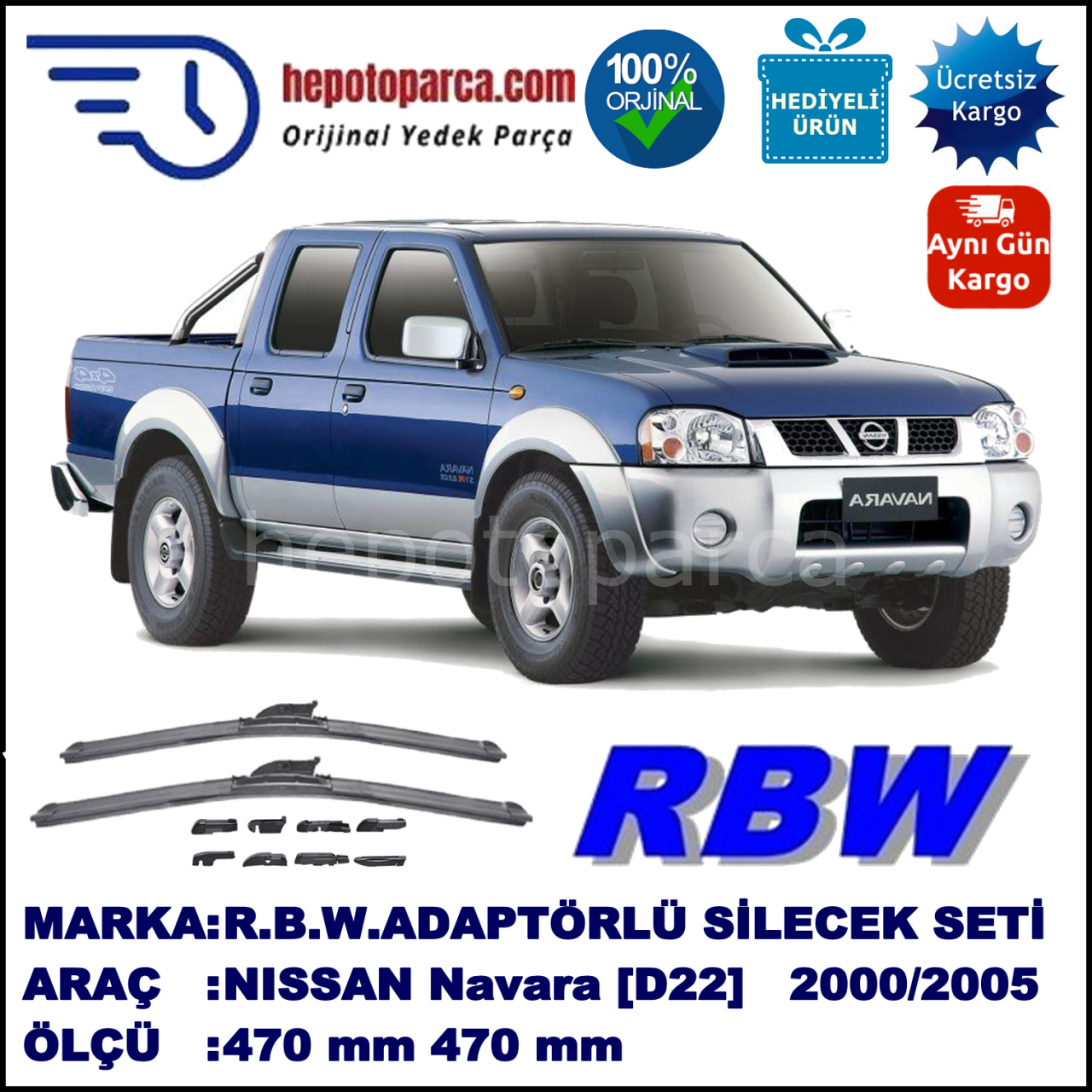 NISSAN Navara [D22] 06.2000-..., 470 / 470 mm.  RBW  ADAPTÖRLÜ MUZ SİLECEK SETİ