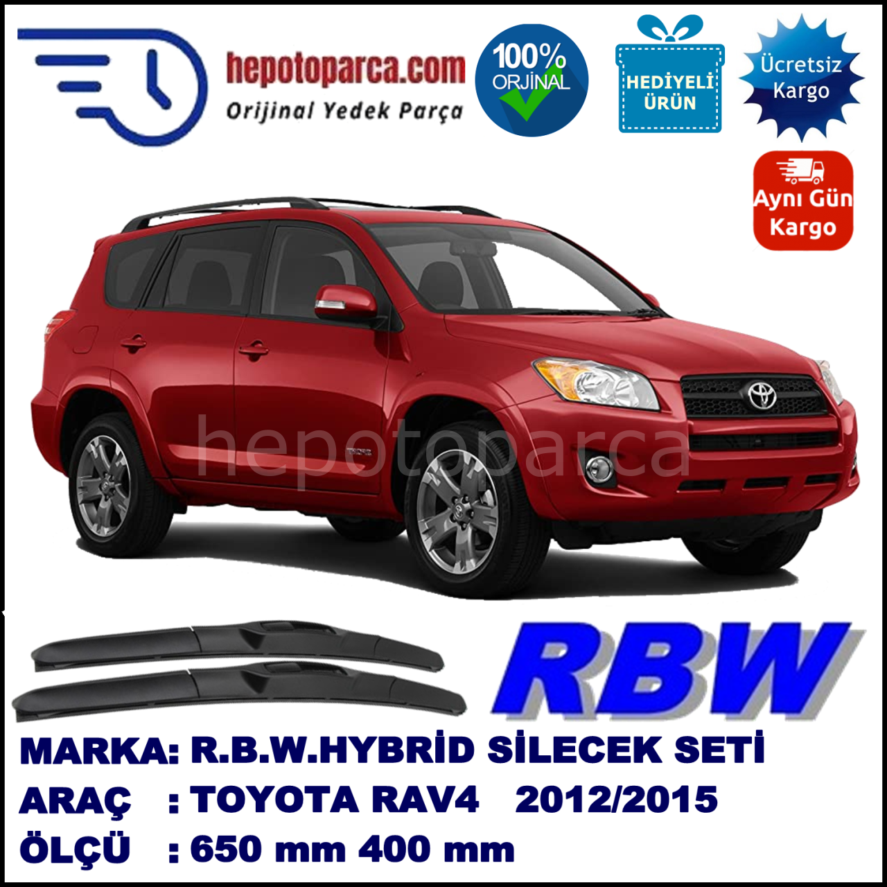 TOYOTA RAV4 [A4] 11.12-... 650 / 400 mm. RBW Hybrid Silecek Seti. U Kanca Uyumlu Hibrit