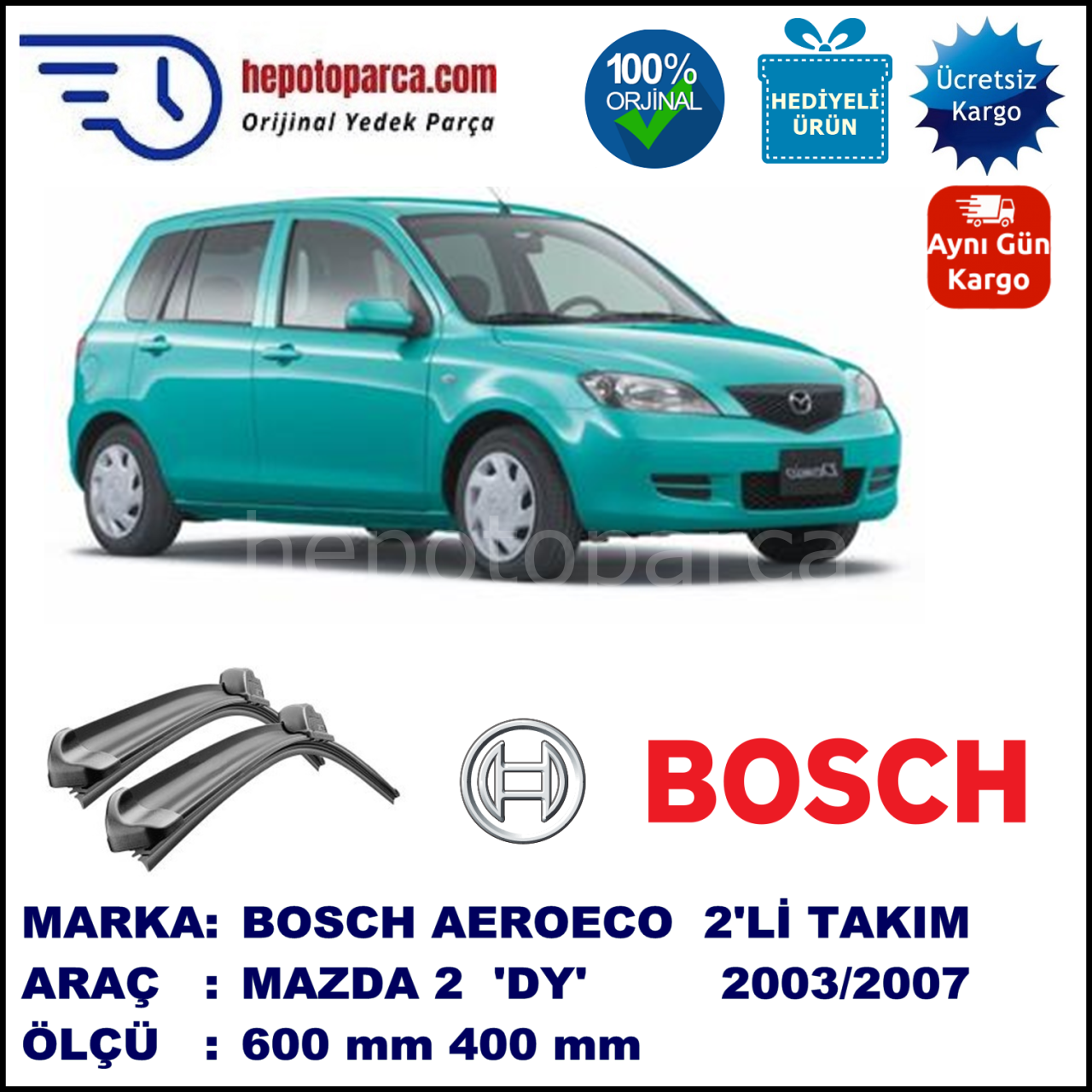 MAZDA 2 [DY] 02.2003-06.2007, 600 / 400 mm. BOSCH AEROECO Aparatlı Muz Silecek