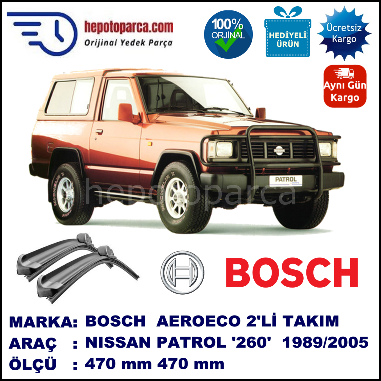 NISSAN Patrol [260] 04.1989-12.2005, 470 / 470 mm. BOSCH AEROECO Aparatlı Muz Silecek