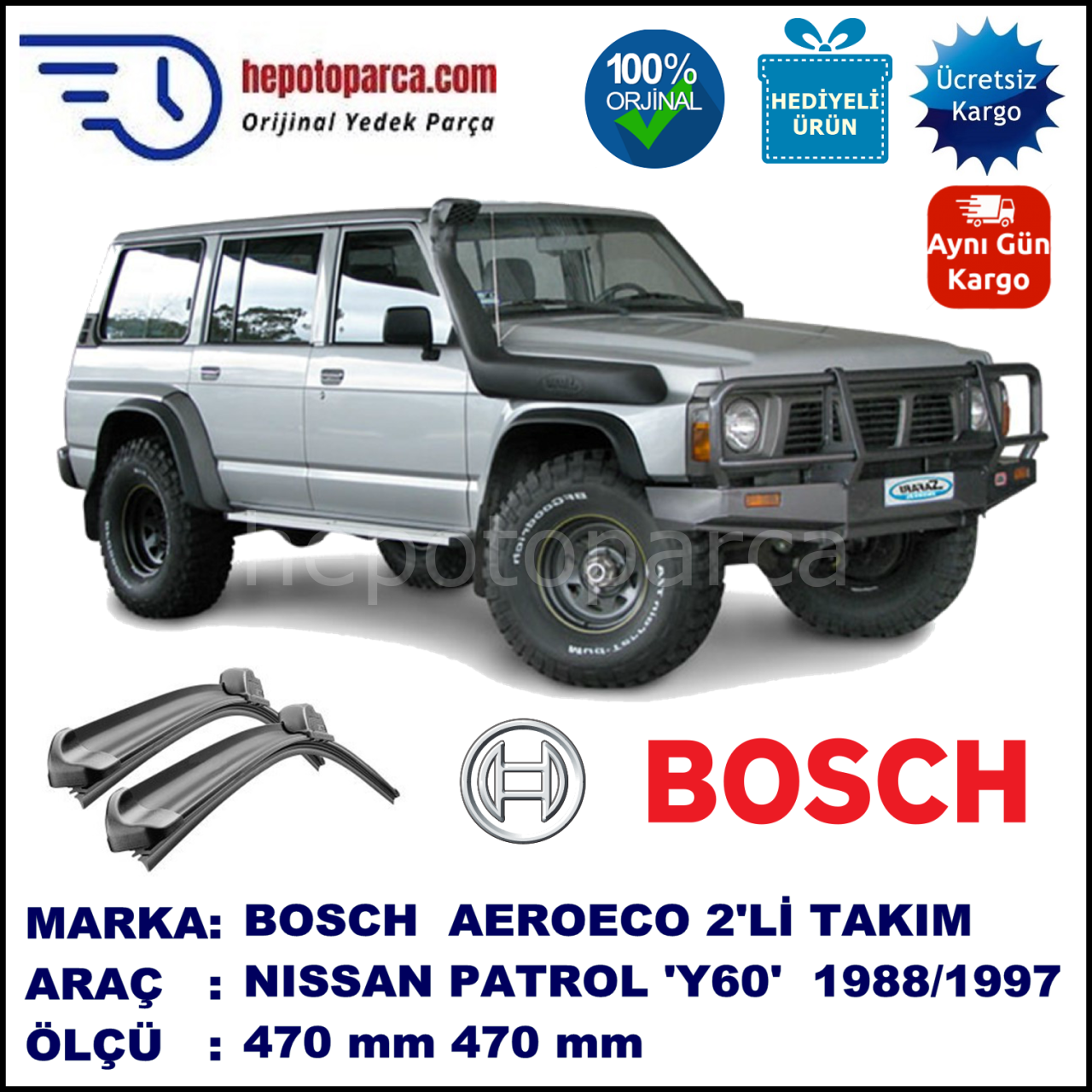 NISSAN Patrol GR [Y60] 09.1988-09.1997, 470 / 470 mm. BOSCH AEROECO Aparatlı Muz Silecek
