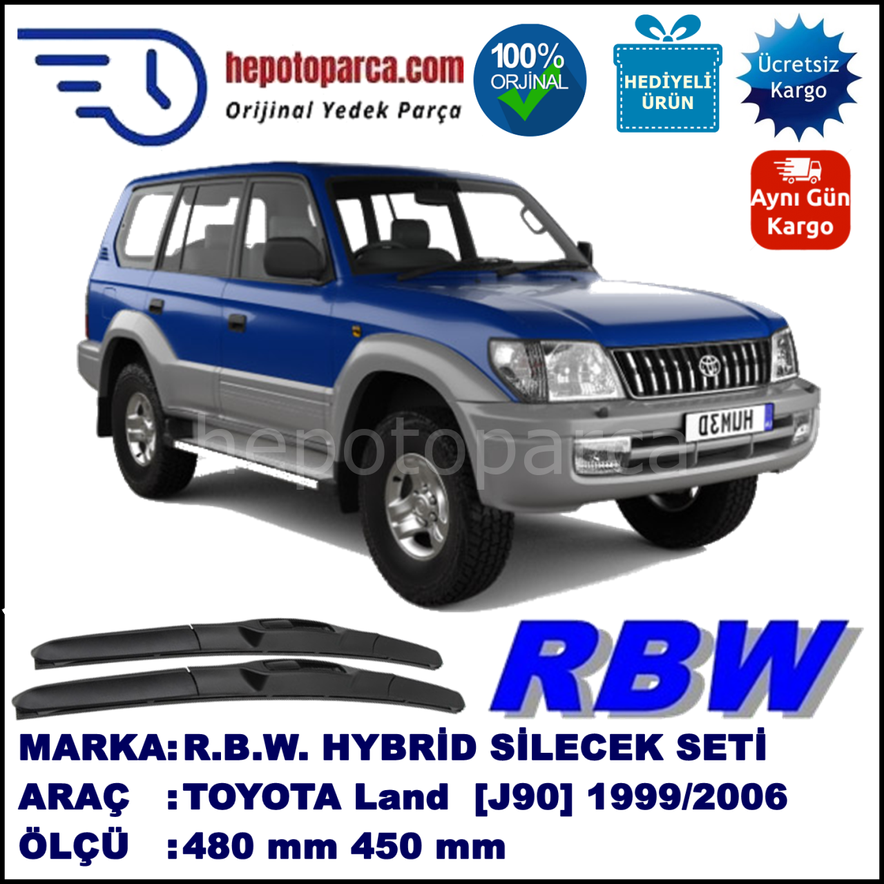 TOYOTA Land Cruiser [J9] 04.96-12.06 480 / 450 mm. RBW Hybrid Silecek Seti. U Kanca Uyumlu Hibrit