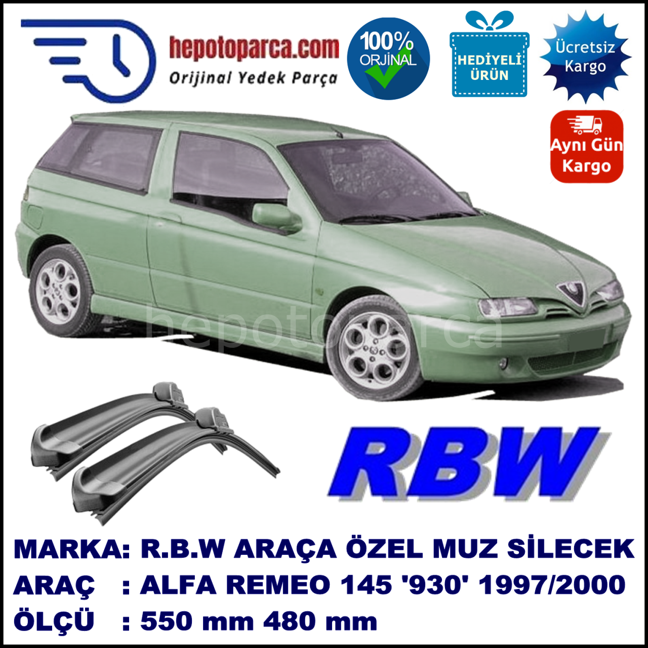 ALFA ROMEO 145 [930] 04.97-12.00 550 / 480 mm. RBW Muz Silecek Seti  2'li Takım. U Kanca Uyumludur.