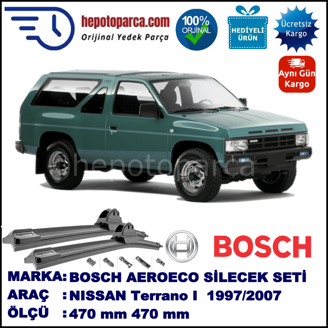 NISSAN Terrano I  11.1988-08.1995, 470 / 470 mm. BOSCH AEROECO Aparatlı Muz Silecek