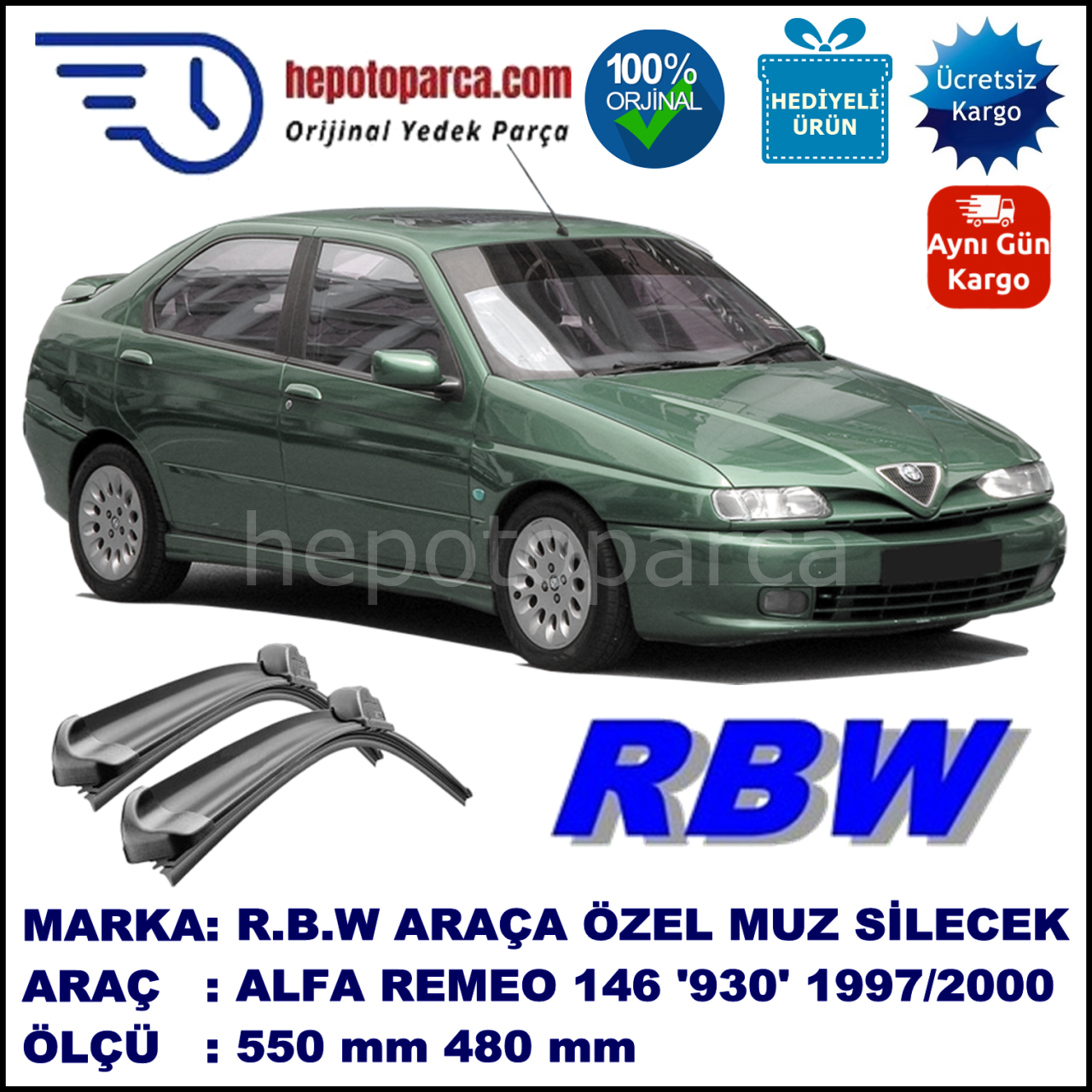 ALFA ROMEO 146 [930] 04.97-12.00 550 / 480 mm. RBW Muz Silecek Seti  2'li Takım. U Kanca Uyumludur.