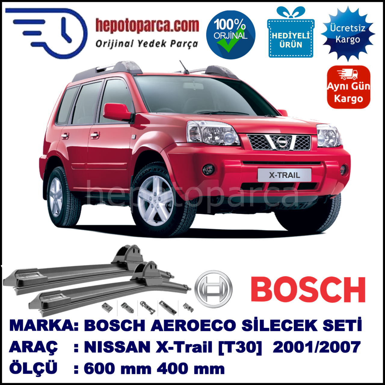 NISSAN X-Trail [T30] 06.2001-08.2007, 600 / 400 mm. BOSCH AEROECO Aparatlı Muz Silecek
