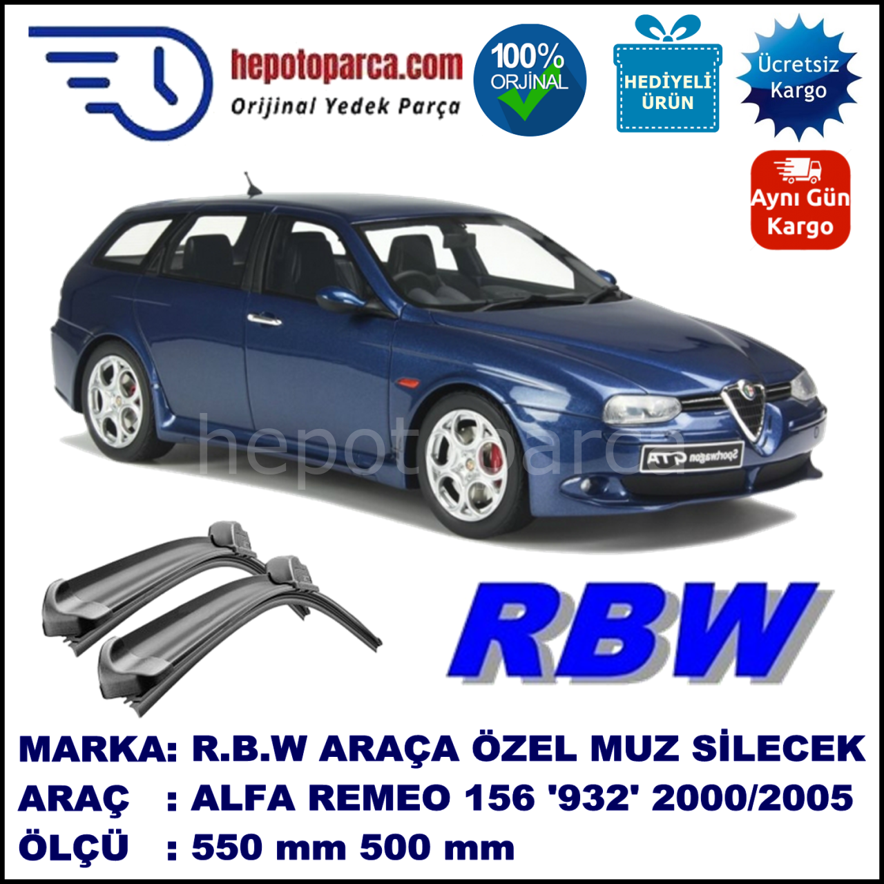 ALFA ROMEO 156 Sport Wagon [932] 06.00-12.05 550 / 500 mm. RBW Muz Silecek Seti  2'li Takım. U Kanca Uyumludur.