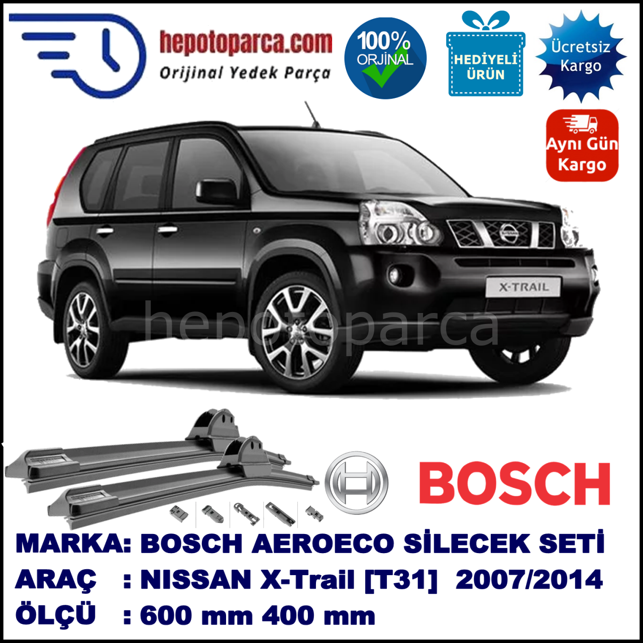 NISSAN X-Trail [T31] 04.2007-..., 600 / 400 mm. BOSCH AEROECO Aparatlı Muz Silecek