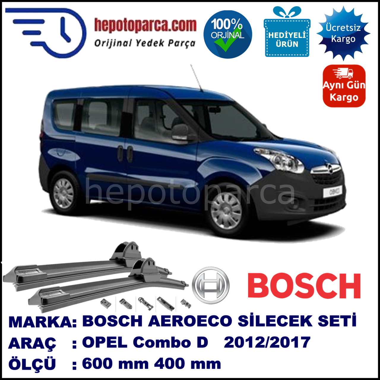 OPEL Combo [D] 02.2012-..., 600 / 400 mm. BOSCH AEROECO Aparatlı Muz Silecek