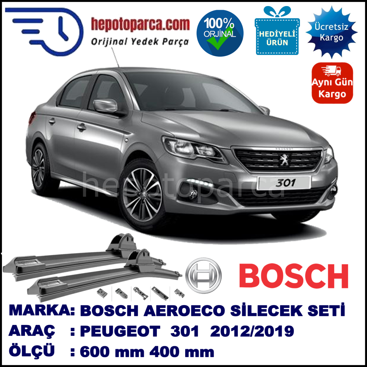 PEUGEOT 301  09.2012-..., 600 / 400 mm. BOSCH AEROECO Aparatlı Muz Silecek