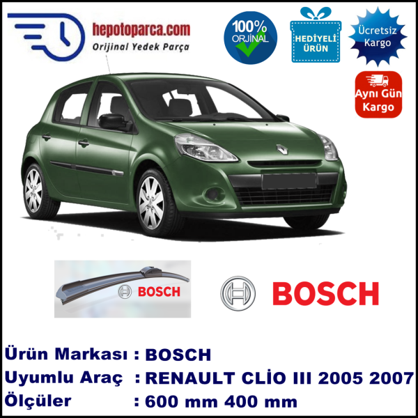 RENAULT Clio III [BR/CR] 06.2005-05.2007, 600 / 400 mm. BOSCH AEROECO Aparatlı Muz Silecek