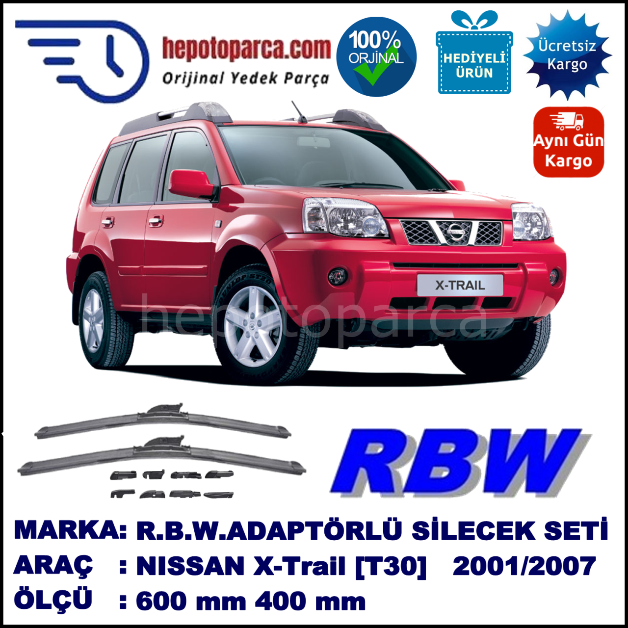 NISSAN X-Trail [T30] 06.2001-08.2007, 600 / 400 mm.  RBW  ADAPTÖRLÜ MUZ SİLECEK SETİ