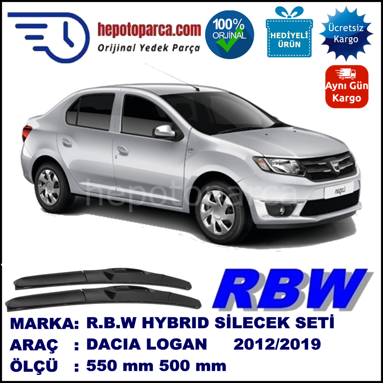 DACIA Logan II [L8] 08.12-... 550 / 500 mm. RBW Hybrid Silecek Seti. U Kanca Uyumlu Hibrit