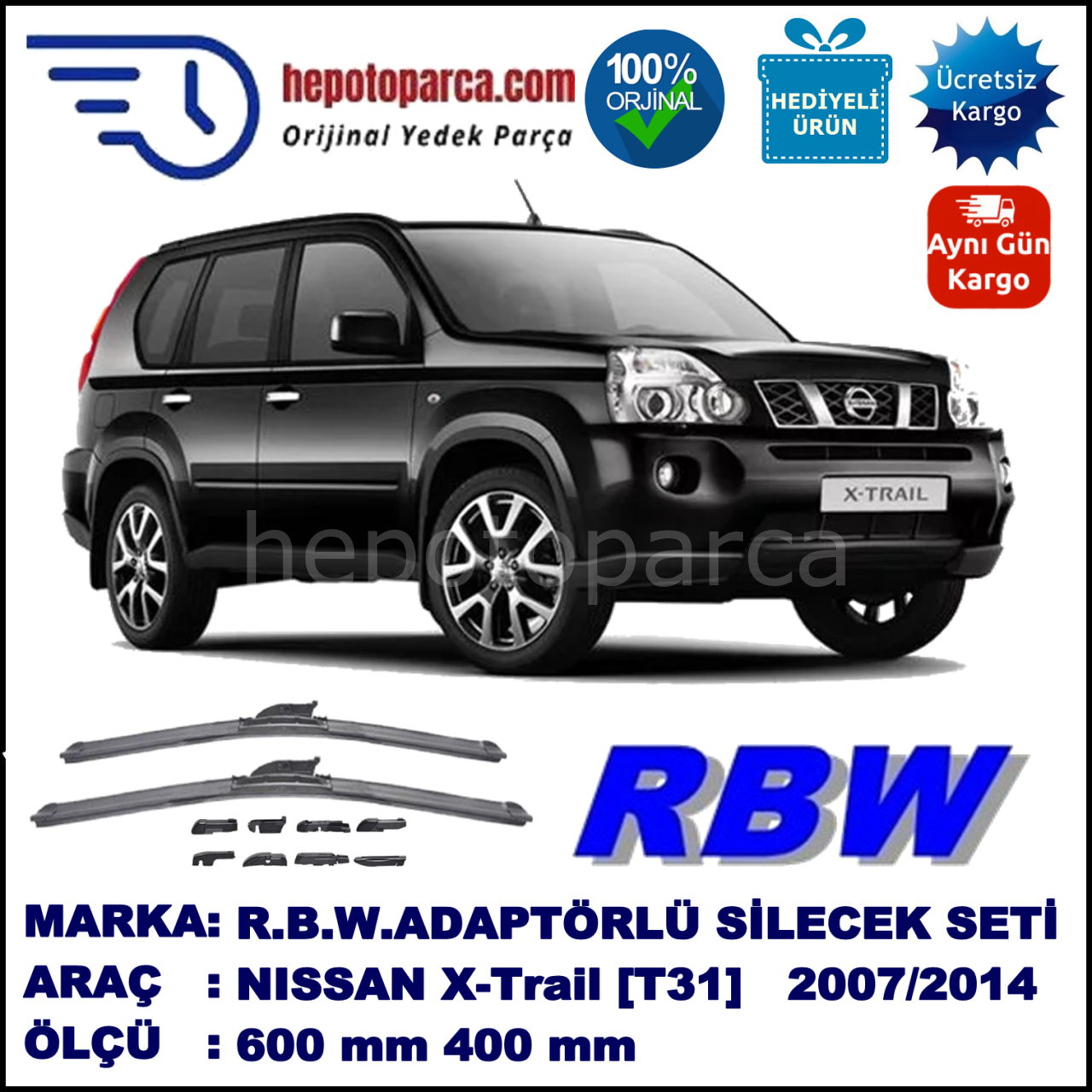 NISSAN X-Trail [T31] 04.2007-..., 600 / 400 mm.  RBW  ADAPTÖRLÜ MUZ SİLECEK SETİ