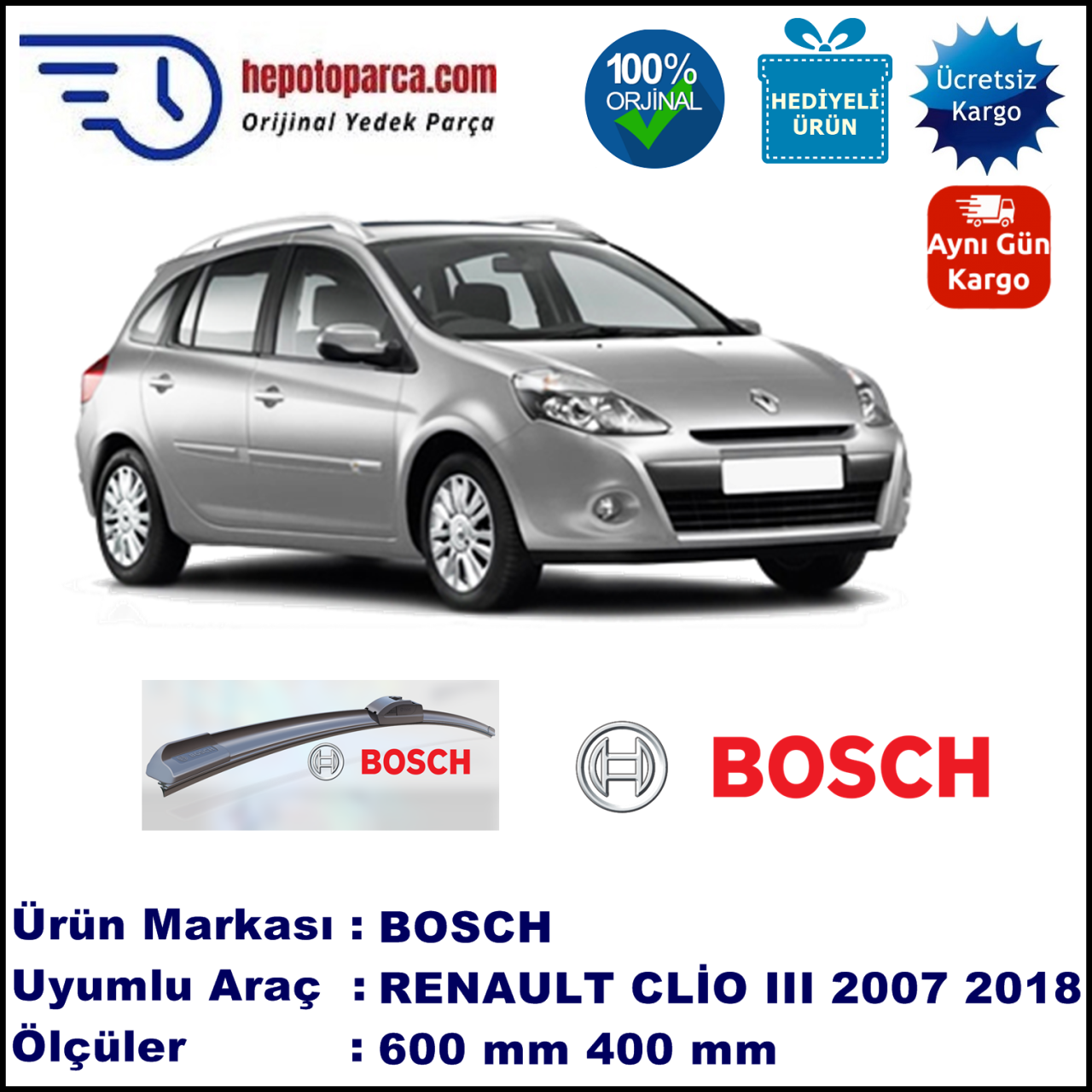 RENAULT Clio III Grandtour [KR] 08.2007-..., 600 / 400 mm. BOSCH AEROECO Aparatlı Muz Silecek
