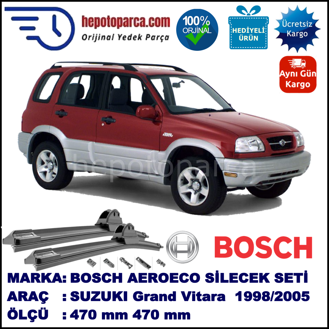 SUZUKI Grand Vitara  03.1998-09.2005, 470 / 470 mm. BOSCH AEROECO Aparatlı Muz Silecek