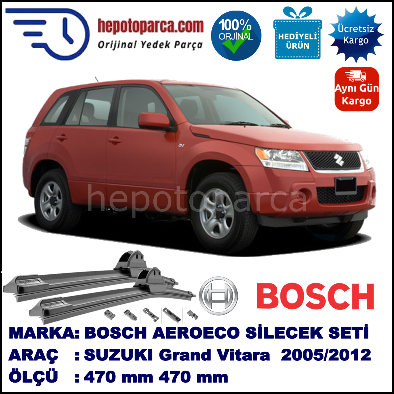 SUZUKI Grand Vitara [JT] 10.2005-..., 470 / 470 mm. BOSCH AEROECO Aparatlı Muz Silecek