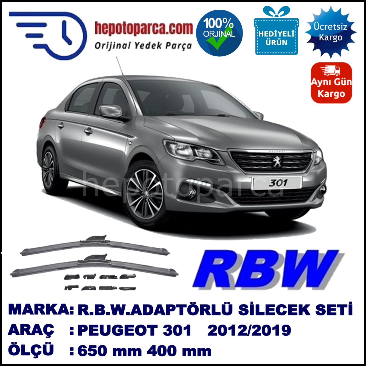 PEUGEOT 301  09.2012-..., 600 / 400 mm.  RBW  ADAPTÖRLÜ MUZ SİLECEK SETİ