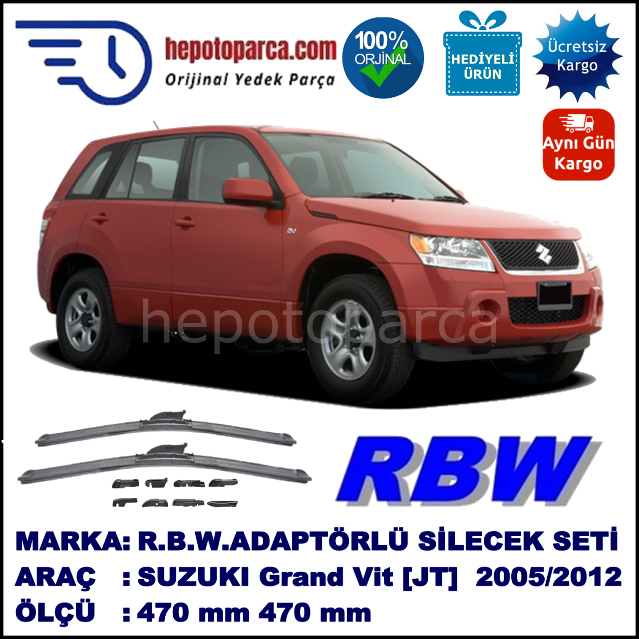SUZUKI Grand Vitara [JT] 10.2005-..., 470 / 470 mm.  RBW  ADAPTÖRLÜ MUZ SİLECEK SETİ