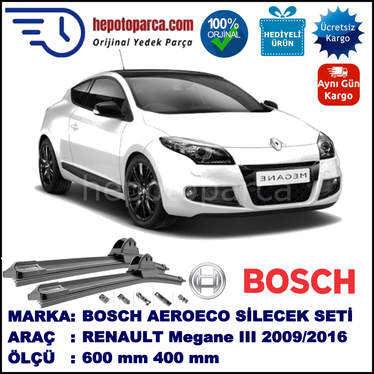 RENAULT Megane III Coupé [DZ] 01.2009-..., 600 / 400 mm. BOSCH AEROECO Aparatlı Muz Silecek