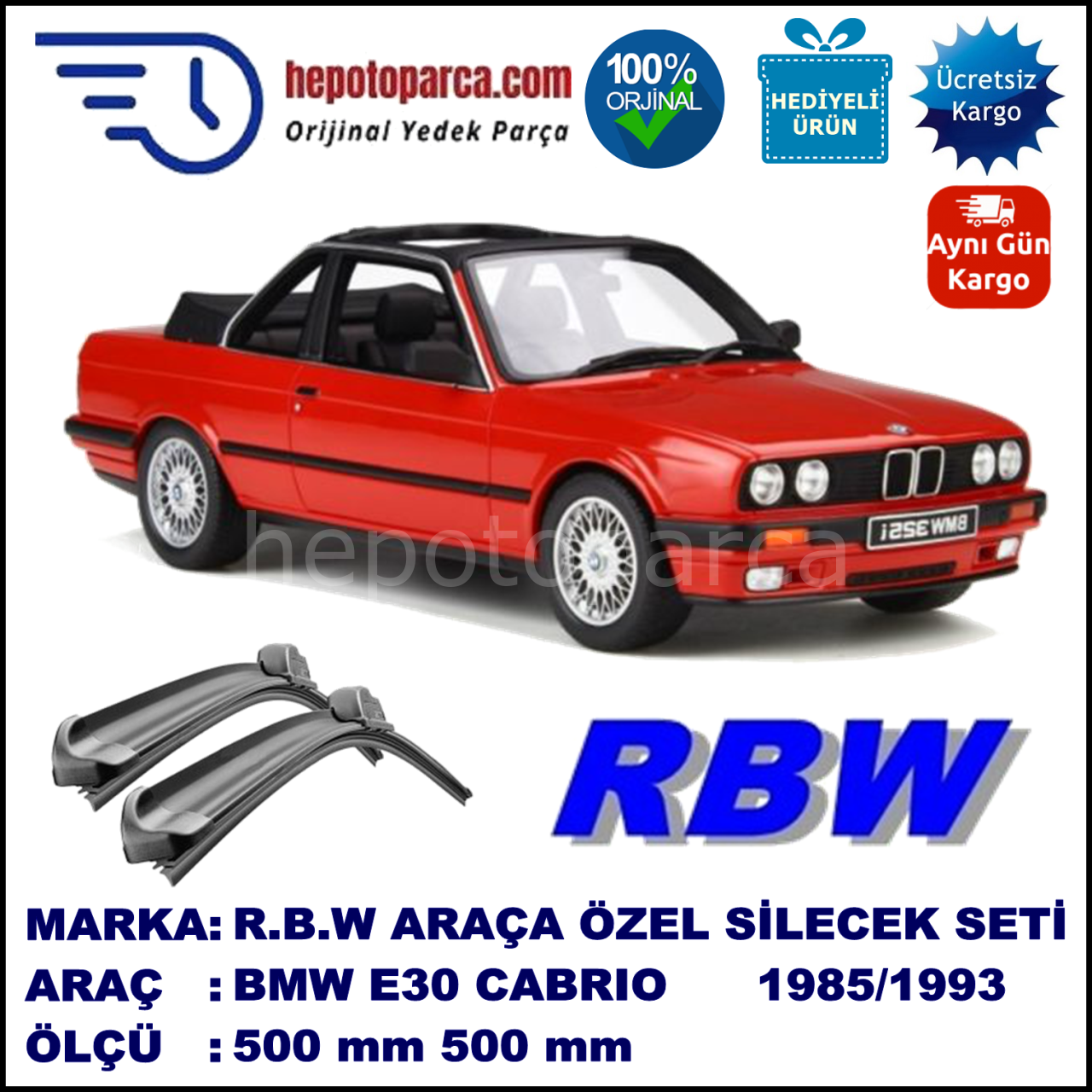 BMW Serie 3 Cabrio [E 30] 09.85-12.93 500 / 500 mm. RBW Muz Silecek Seti  2'li Takım. U Kanca Uyumludur.