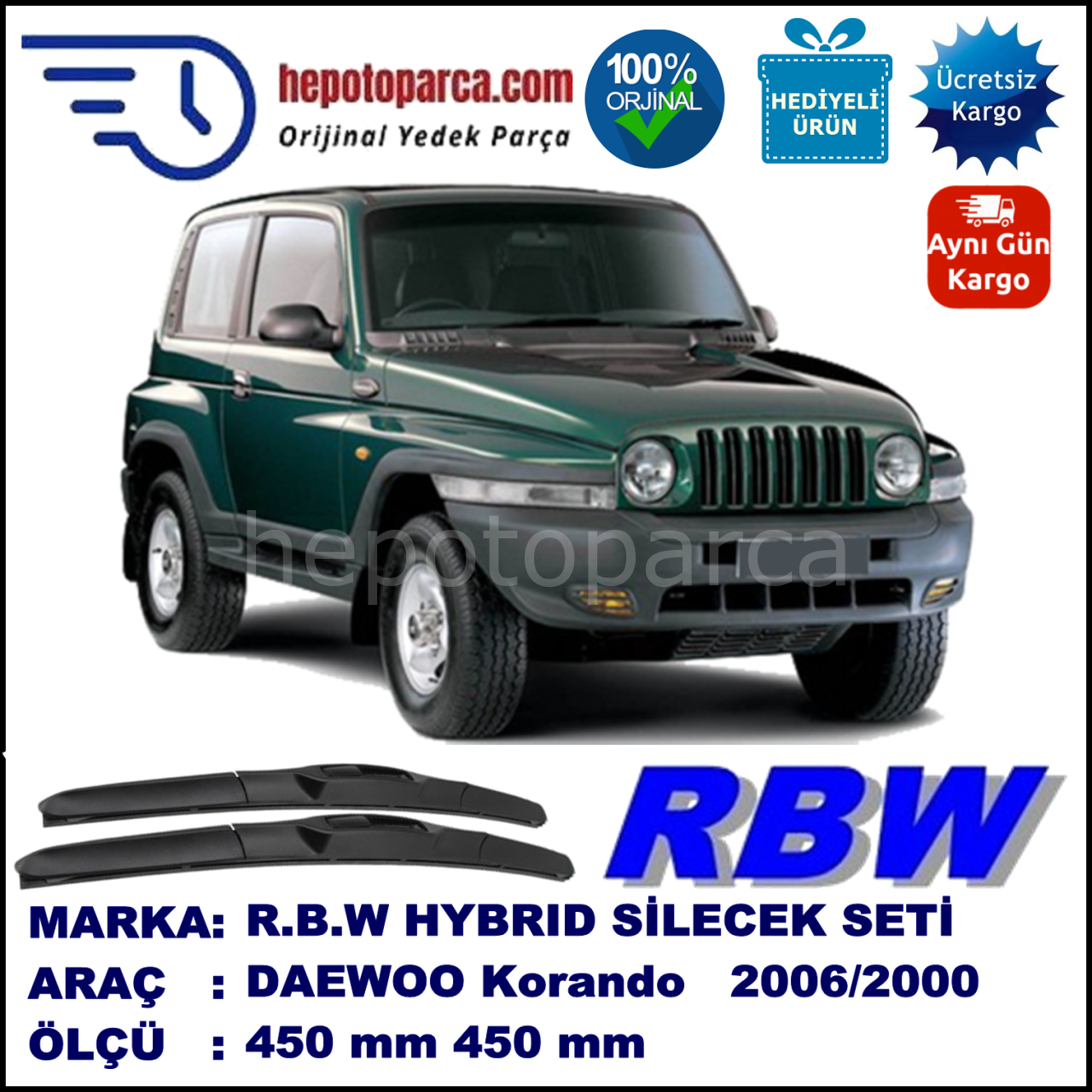 DAEWOO Korando [KJ] 07.96-12.00 450 / 450 mm. RBW Hybrid Silecek Seti. U Kanca Uyumlu Hibrit