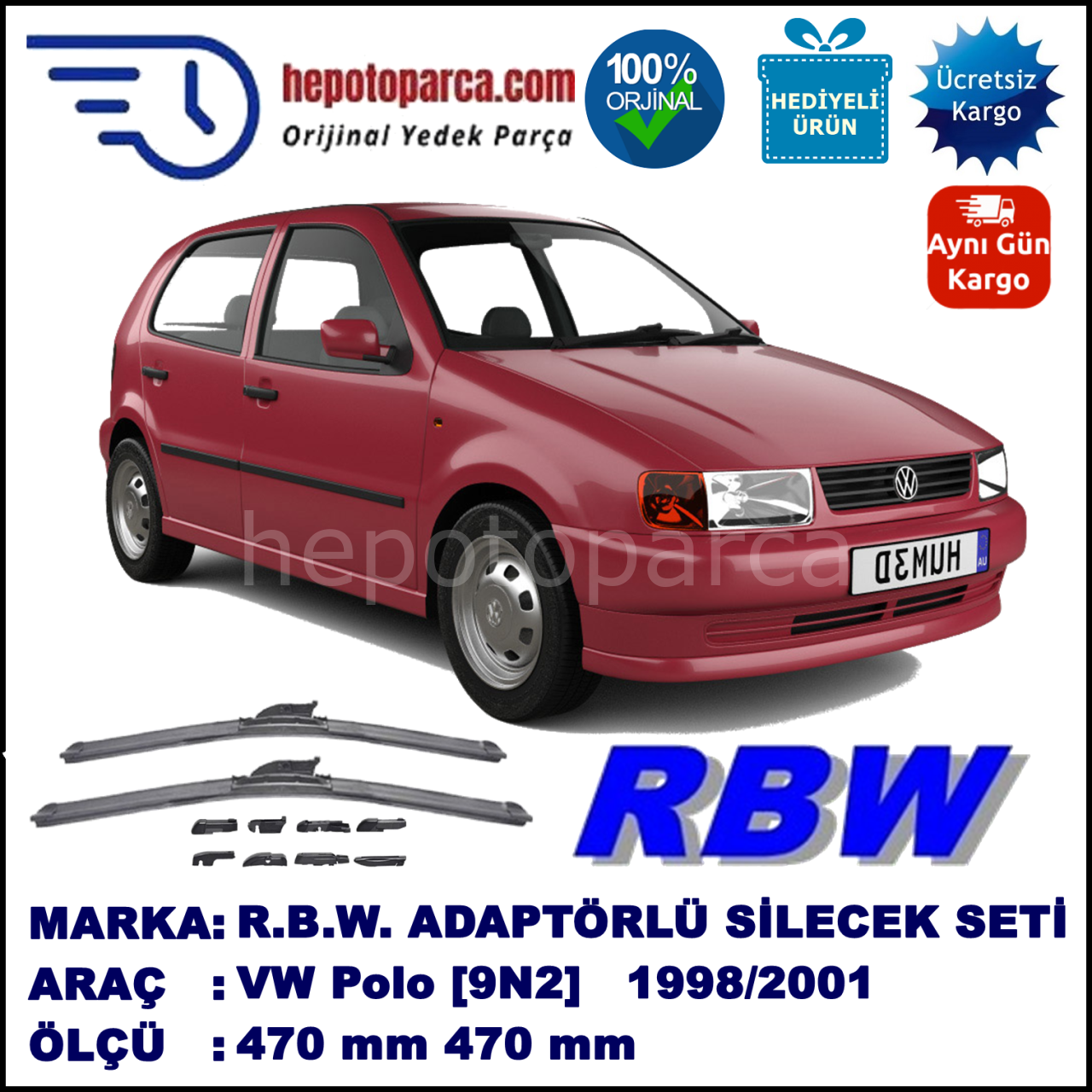 VW Polo [6N2] 07.1998-09.2001, 470 / 470 mm.  RBW  ADAPTÖRLÜ MUZ SİLECEK SETİ