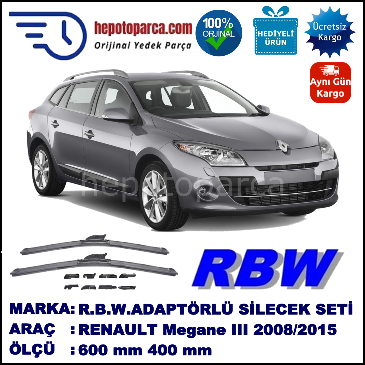 RENAULT Megane III Grandtour [KZ] 06.2009-..., 600 / 400 mm.  RBW  ADAPTÖRLÜ MUZ SİLECEK SETİ