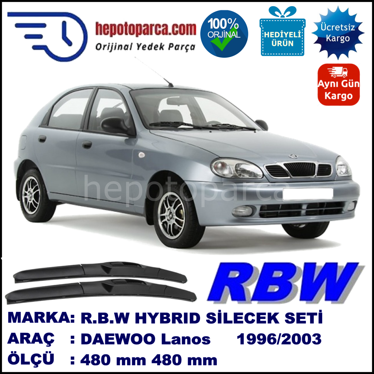 DAEWOO Lanos [KLAT] 11.96-09.03 480 / 480 mm. RBW Hybrid Silecek Seti. U Kanca Uyumlu Hibrit