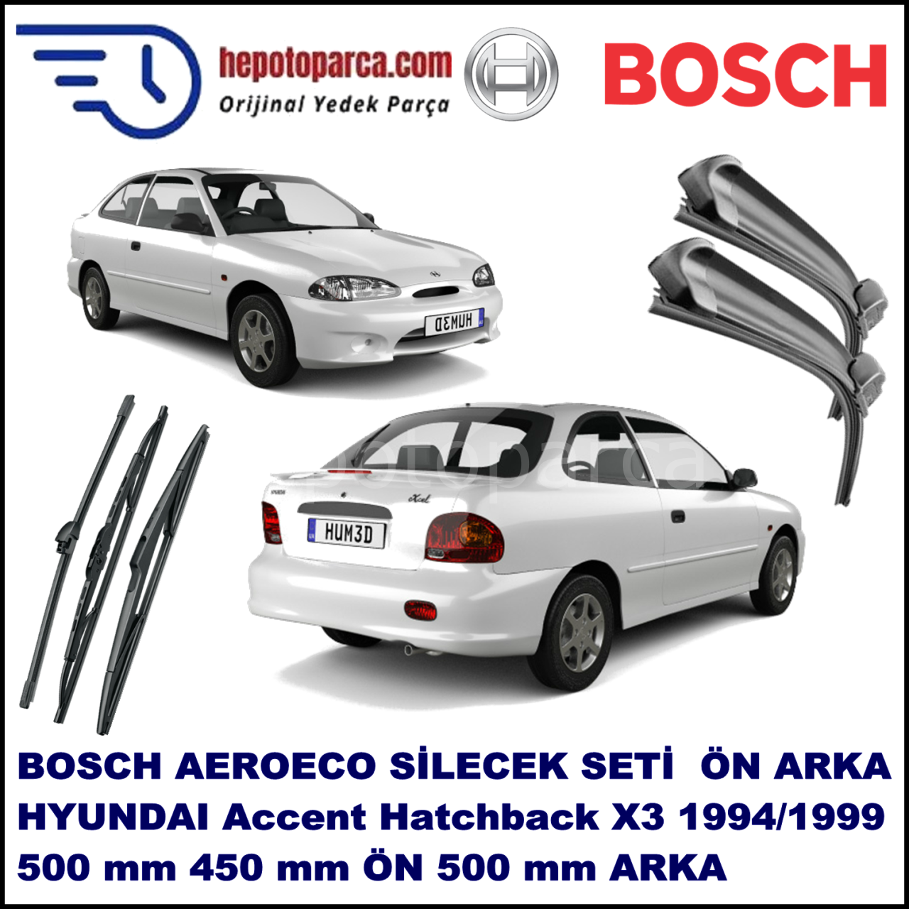HYUNDAI Accent Hatchback [X3] 07,1994-07,1999 Bosch Aeroeco Ön ve Arka Silecek Takımı