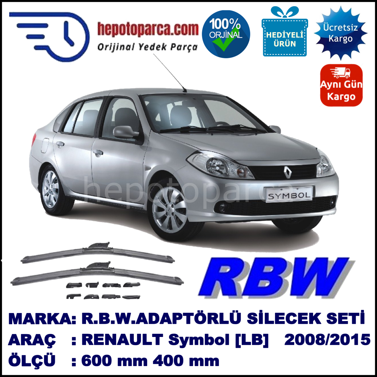 RENAULT Symbol [LU] 10.2008-..., 600 / 400 mm.  RBW  ADAPTÖRLÜ MUZ SİLECEK SETİ