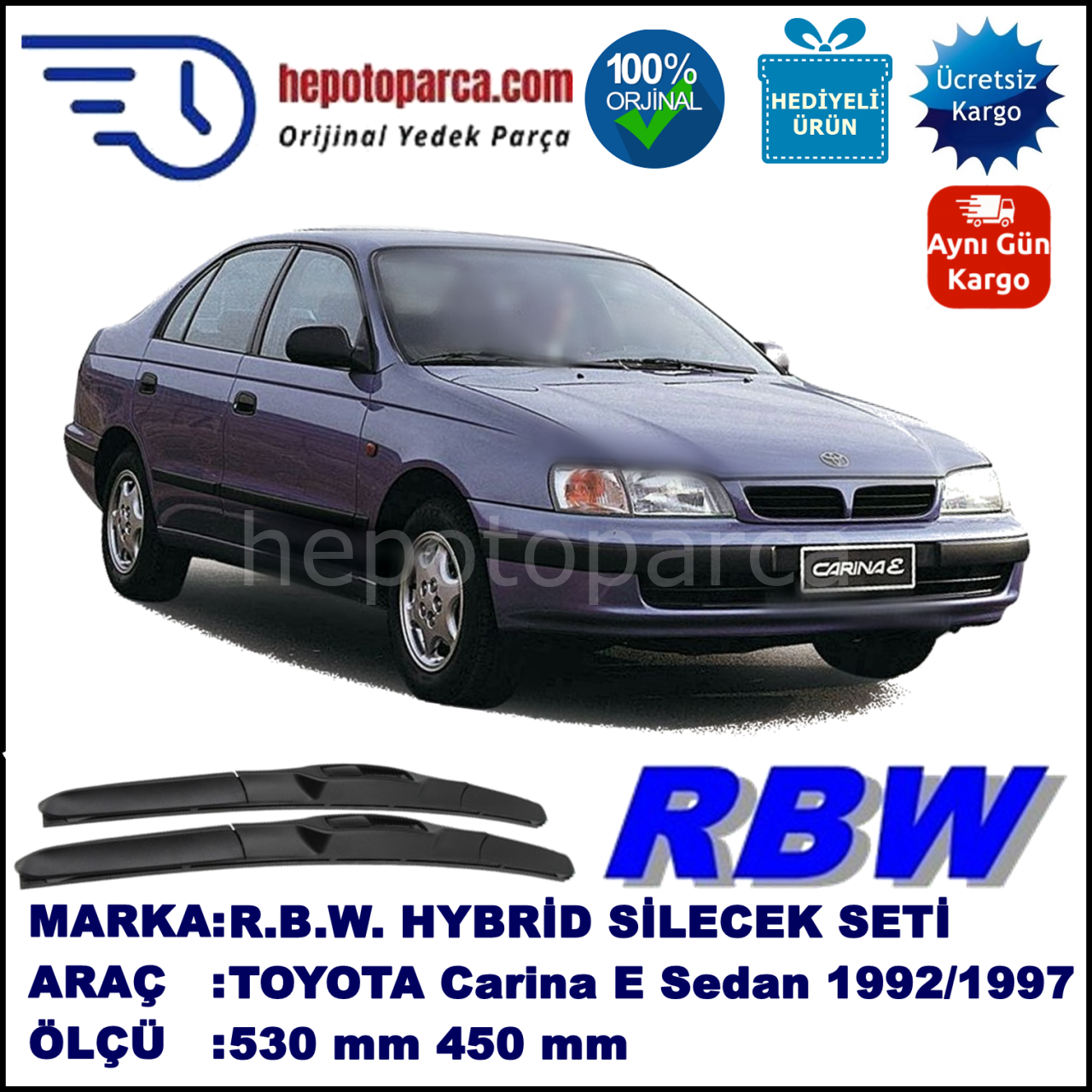 TOYOTA Carina E Sedan [T19] 02.92-10.97 530 / 450 mm. RBW Hybrid Silecek Seti. U Kanca Uyumlu Hibrit